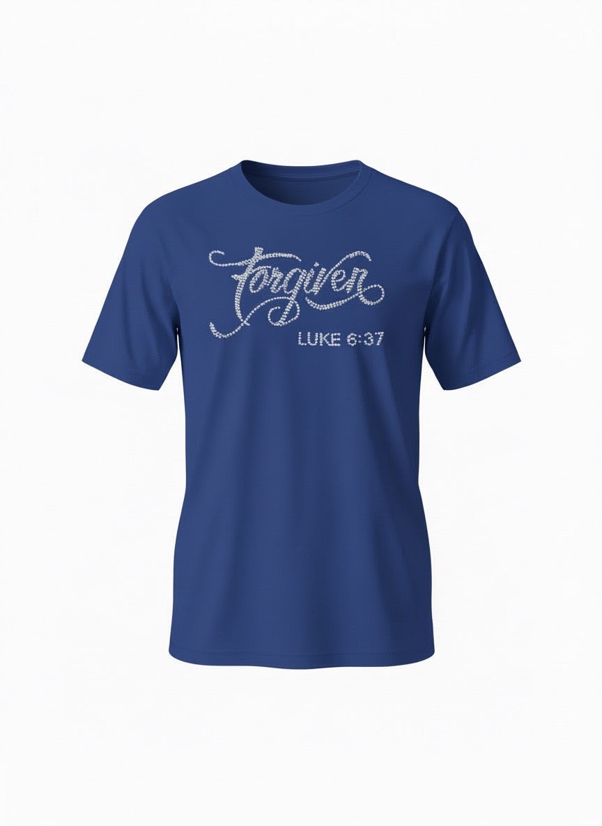 Forgiven Luke 6:37 Blue Rhinestone Scripture T-Shirt