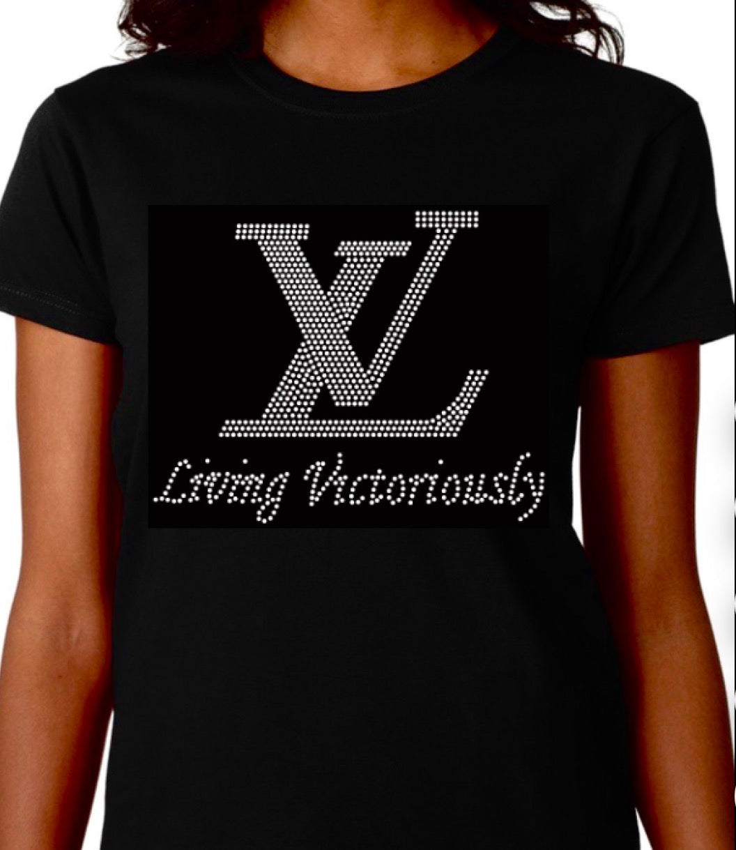 Living Victoriously Black Rhinestone Graphic Monogram Tee